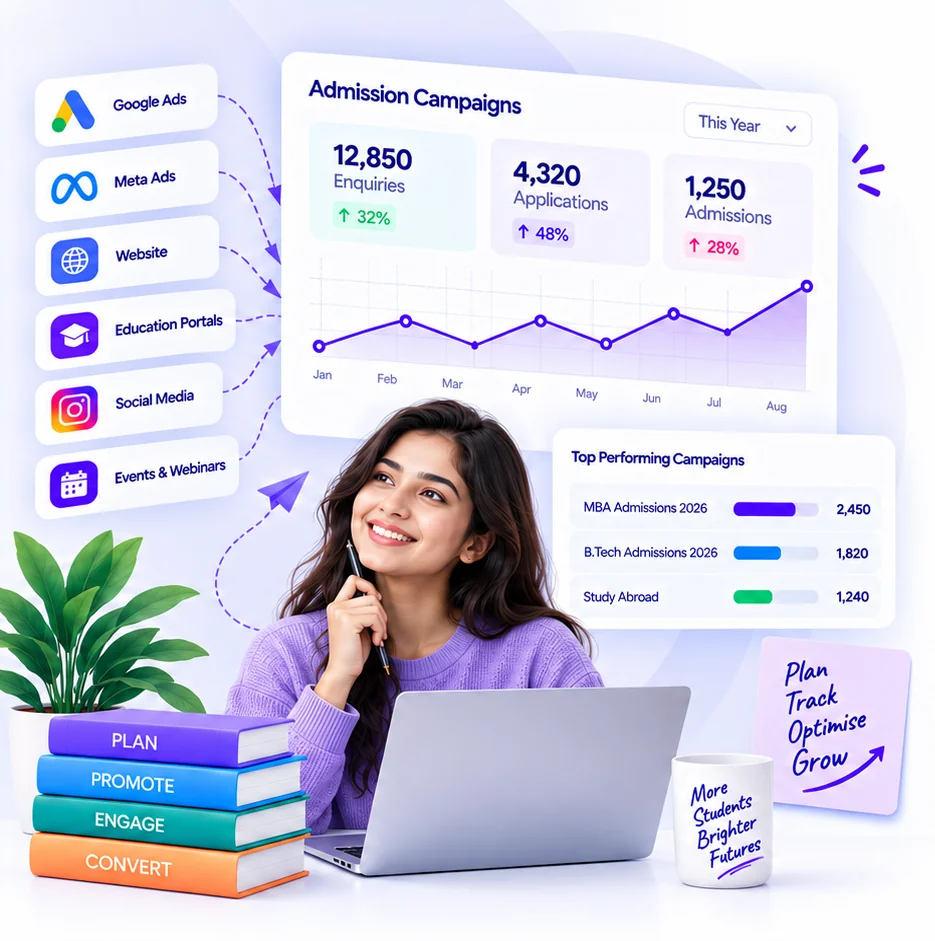 Admission campaigns dashboard with top performing campaigns across channels