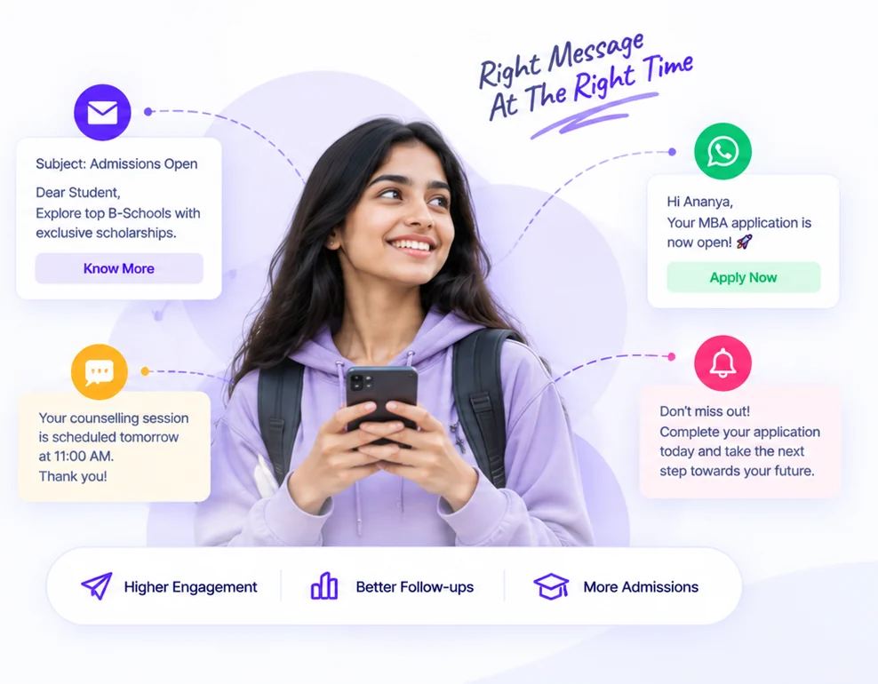 Student receiving admission emails, WhatsApp messages, SMS and reminders