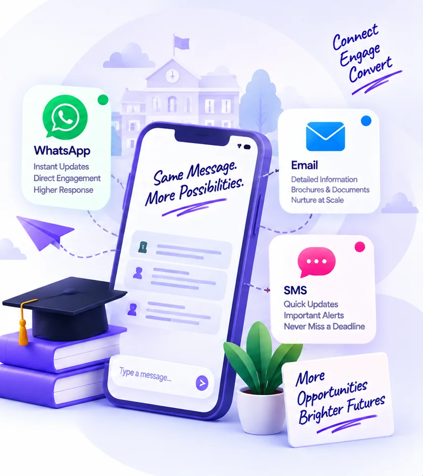 The same message reaching students on WhatsApp, email and SMS