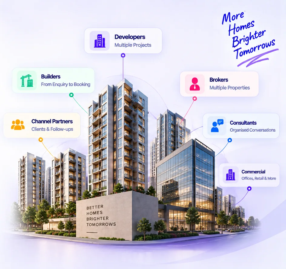 Developers, builders, brokers, channel partners, consultants and commercial teams around a real estate project